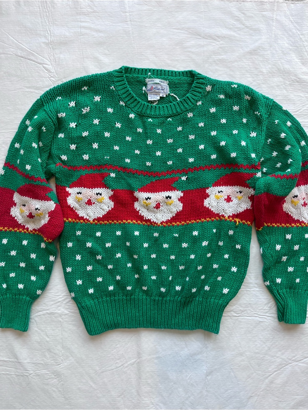 Vintage Hand Knit Green Santa Christmas Sweater 80’s